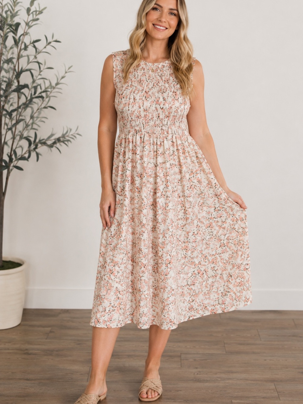 Goomor Floral Smocked Midi Dress Size XL Cream Pink Cottagecore